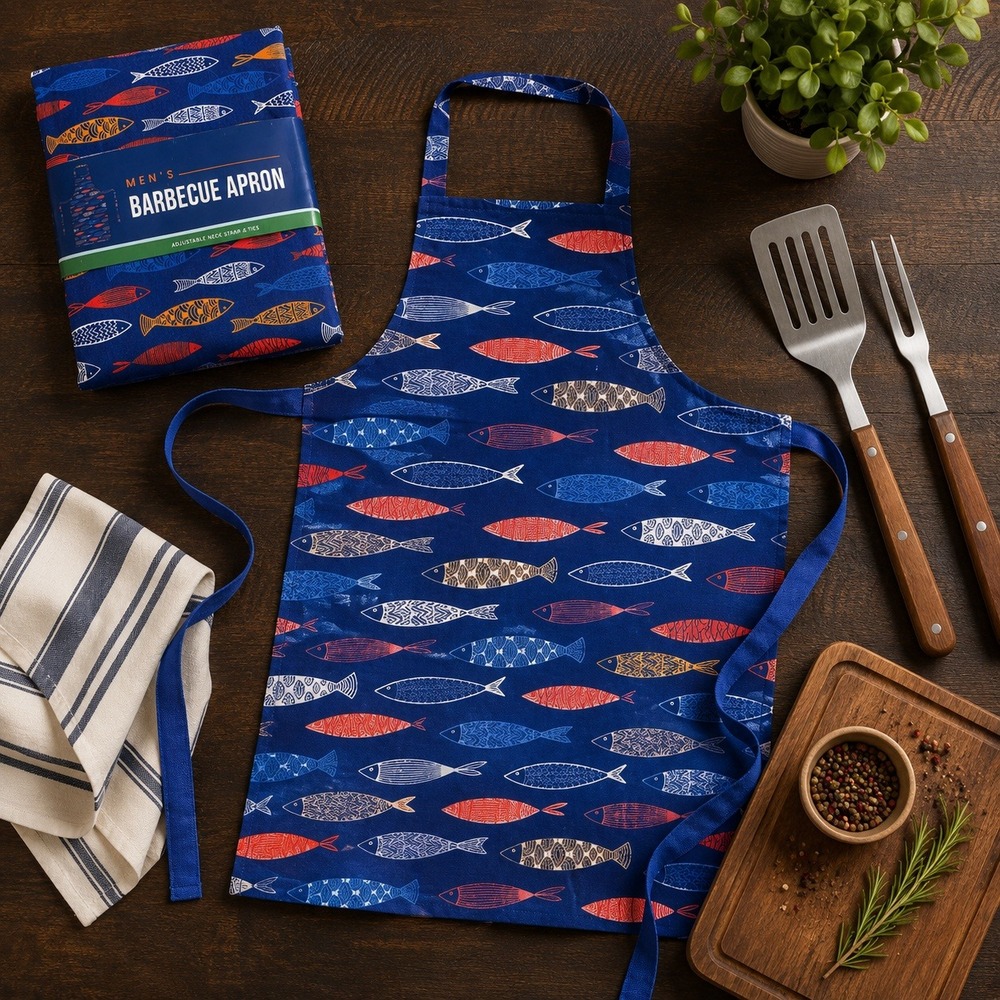 Men's Barbecue Apron Blue Fish Pattern Adjustable Neck Strap 100% Cotton NEW